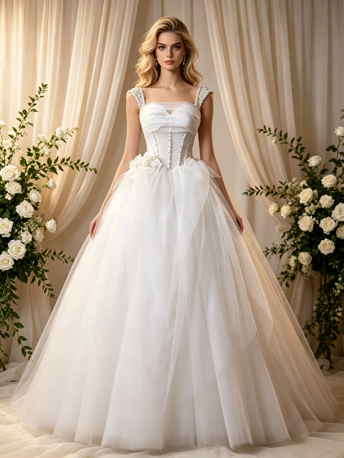 Beige White Tulle Straps Pleats Beading Wedding Dress