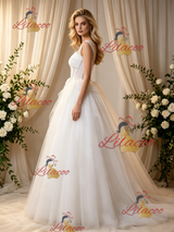 Beige White Tulle Straps Pleats Beading Wedding Dress