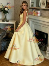Yellow Satin Straps Prom Dress