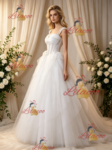 Beige White Tulle Straps Pleats Beading Wedding Dress