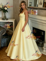 Yellow Satin Straps Prom Dress