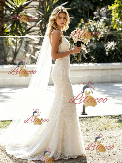 White Mermaid Lace Straps Wedding Dress