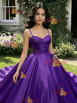 Purple Satin Spaghetti Straps Pleats Quinceanera Dress