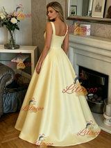 Yellow Satin Straps Prom Dress