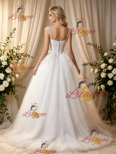 Beige White Tulle Straps Pleats Beading Wedding Dress
