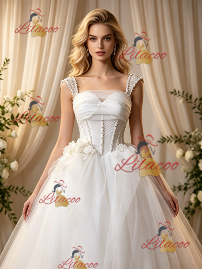 Beige White Tulle Straps Pleats Beading Wedding Dress