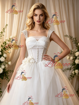 Beige White Tulle Straps Pleats Beading Wedding Dress