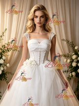 Beige White Tulle Straps Pleats Beading Wedding Dress