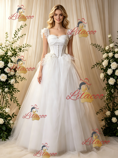 White Tulle Straps Beading Wedding Dress