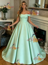 Green Satin Off the Shoulder Prom Dress