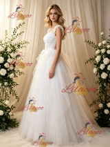White Tulle Straps Beading Wedding Dress