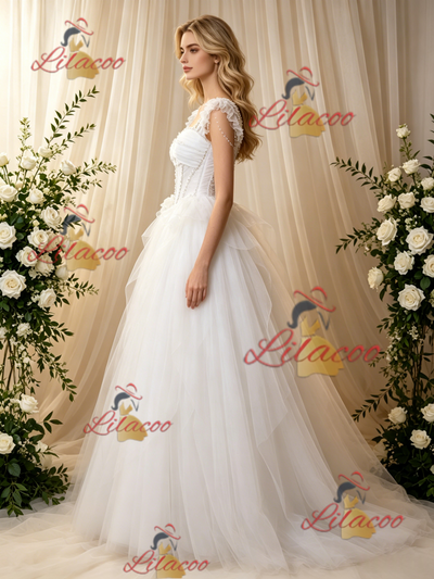 White Tulle Straps Beading Wedding Dress