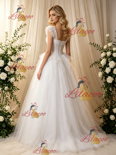 White Tulle Straps Beading Wedding Dress