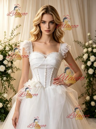 White Tulle Straps Beading Wedding Dress