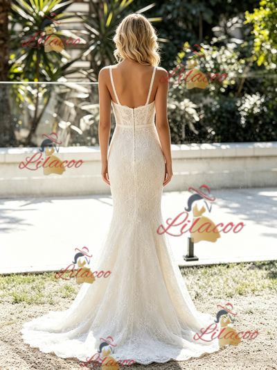White Mermaid Lace Straps Wedding Dress