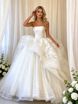 White Tulle Strapless Appliques Wedding Dress