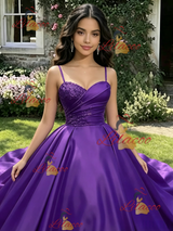 Purple Satin Spaghetti Straps Pleats Quinceanera Dress