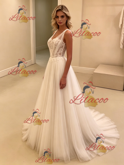 White Tulle Straps Wedding Dress