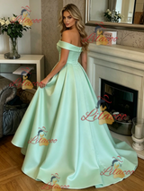 Green Satin Off the Shoulder Prom Dress
