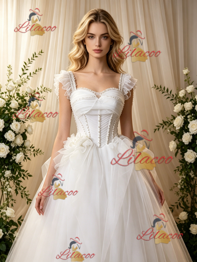White Tulle Straps Beading Wedding Dress