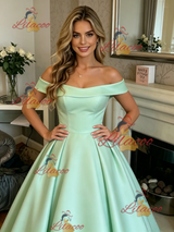 Green Satin Off the Shoulder Prom Dress