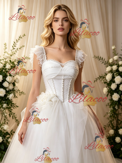 White Tulle Straps Beading Wedding Dress