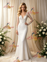White Mermaid V-neck Long Sleeve Wedding Dress