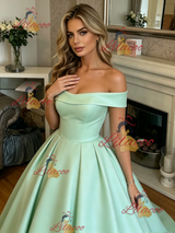 Green Satin Off the Shoulder Prom Dress