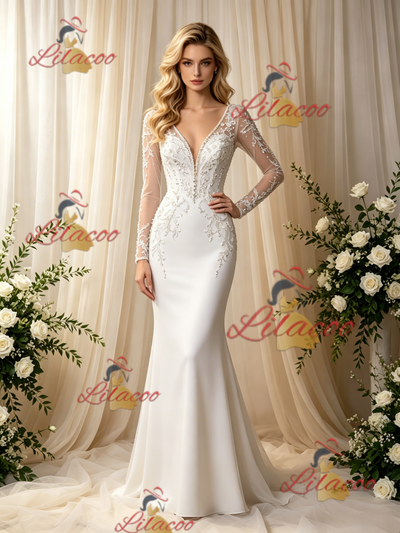 White Mermaid V-neck Long Sleeve Wedding Dress