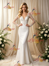White Mermaid V-neck Long Sleeve Wedding Dress
