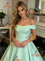 Green Satin Off the Shoulder Prom Dress