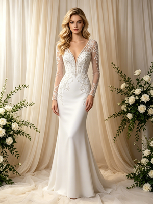 White Mermaid V-neck Long Sleeve Wedding Dress