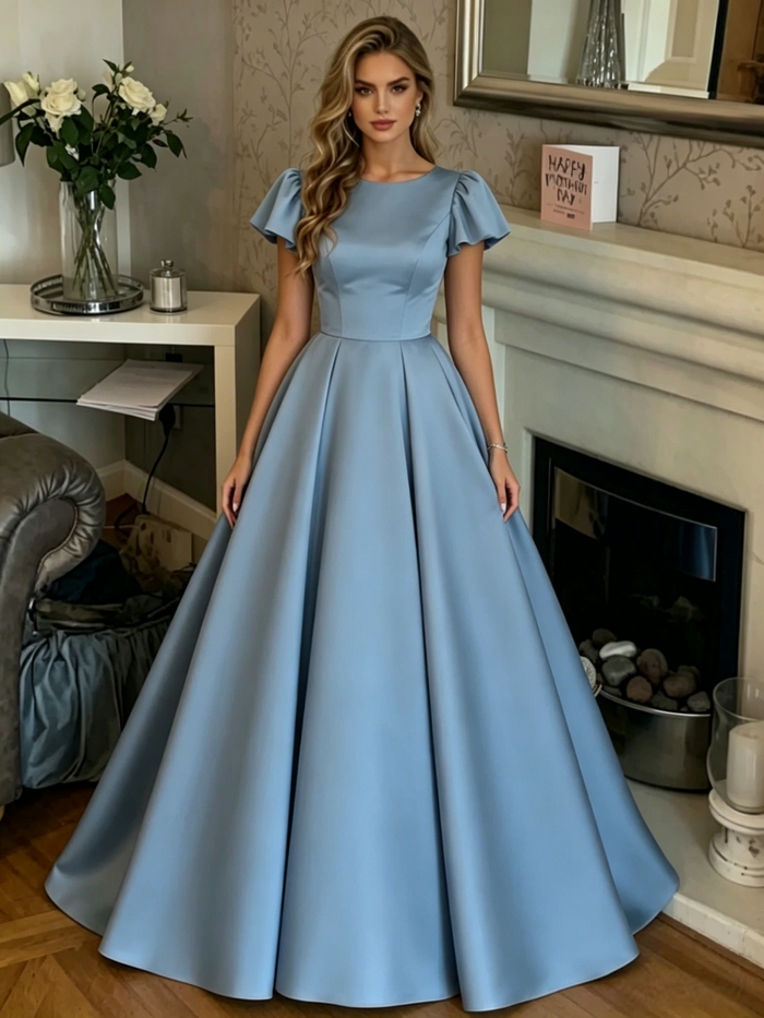Blue Satin Scoop Neck Prom Dress