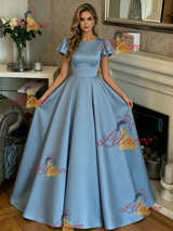 Blue Satin Scoop Neck Prom Dress