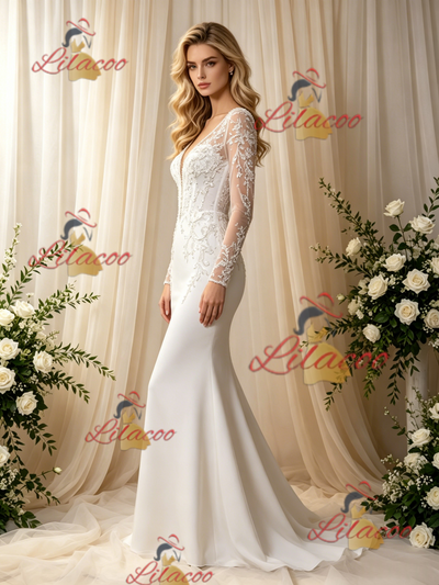 White Mermaid V-neck Long Sleeve Wedding Dress