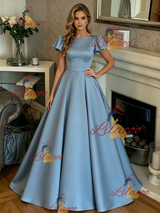 Blue Satin Scoop Neck Prom Dress