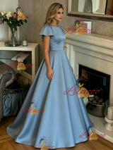 Blue Satin Scoop Neck Prom Dress