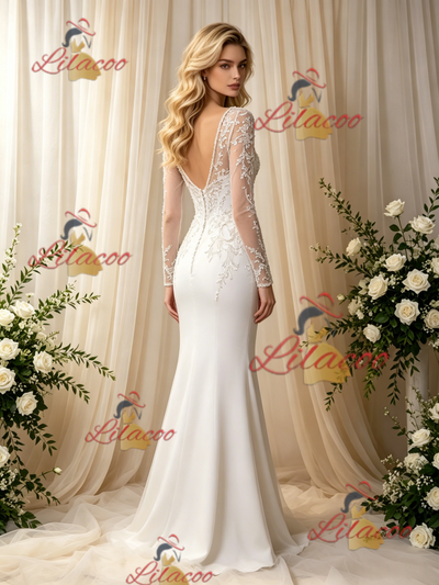 White Mermaid V-neck Long Sleeve Wedding Dress