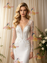 White Mermaid V-neck Long Sleeve Wedding Dress
