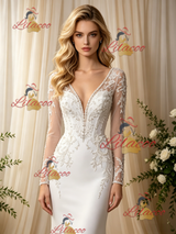 White Mermaid V-neck Long Sleeve Wedding Dress