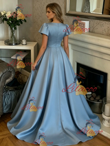 Blue Satin Scoop Neck Prom Dress