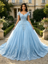 Blue Tulle V-neck Cap Sleeve Appliques Quinceanera Dress