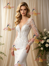 White Mermaid V-neck Long Sleeve Wedding Dress