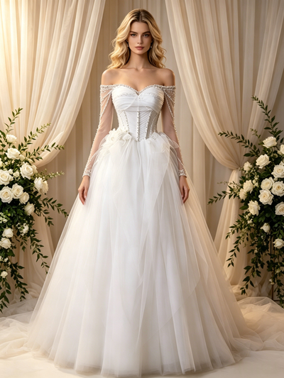 White Tulle Long Sleeve Pleats Wedding Dress