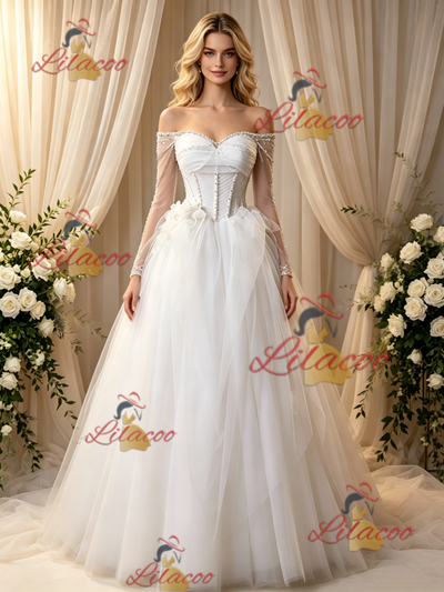 White Tulle Long Sleeve Pleats Wedding Dress