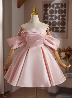 Pink Satin Off the Shoulder Pleats Homecoming Dress
