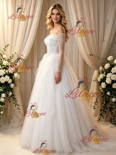 White Tulle Long Sleeve Pleats Wedding Dress