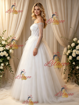 White Tulle Long Sleeve Pleats Wedding Dress