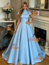 Blue Satin High Neck Cap Sleeve Prom Dress