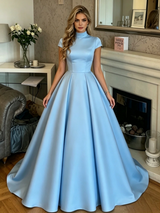 Blue Satin High Neck Cap Sleeve Prom Dress